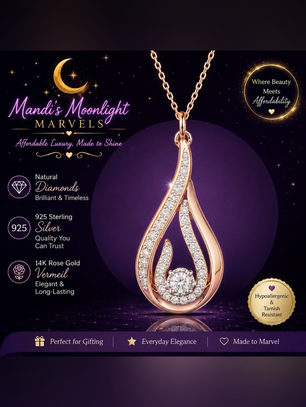 Rose Gold Teardrop Necklace with Diamonds